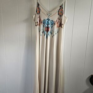 Beige Maxi Slip Dress with Turquoise & Orange Embellished Chest